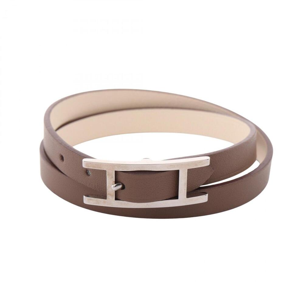 HERMES Gray Leather Charm Bracelet